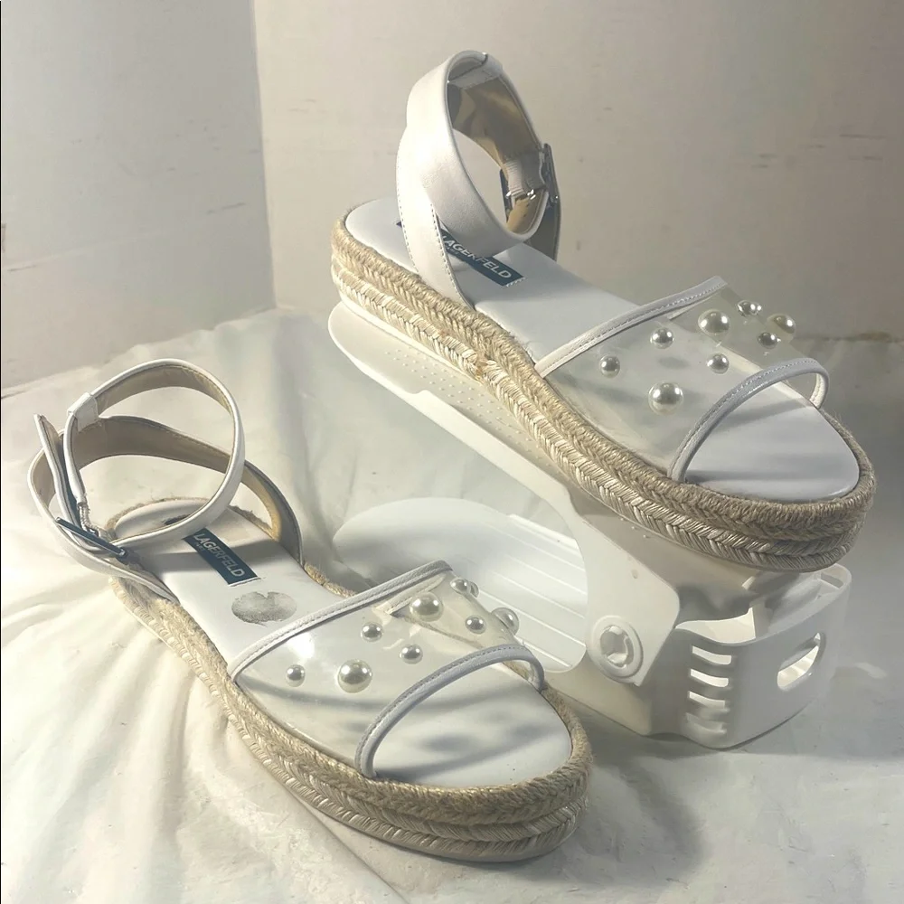 Karl Lagerfeld Paris Women’s White Adalina Espadrille Sandals with Pearl Details